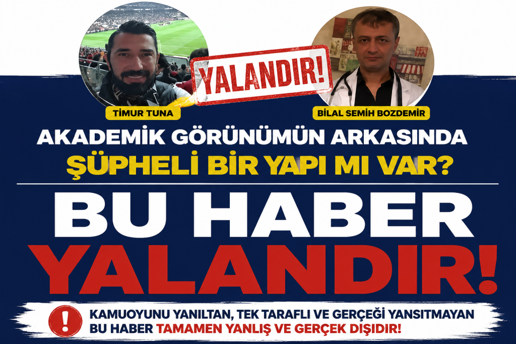 Kamuoyuna yönelik hazırlanmış haber tarzı bir görselde iki kişinin portre fotoğrafı yer almakta; görsel üzerinde büyük puntolarla yayımlanan haberin gerçeği yansıtmadığına ilişkin bir açıklama vurgulanmaktadır. Tasarım, kamuoyunu bilgilendirme amacı taşıyan resmî bir açıklamayı temsil eden güçlü tipografi ve dikkat çekici renklerle hazırlanmıştır.