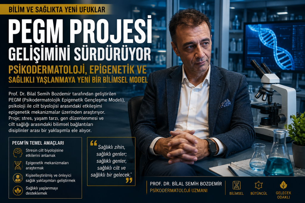Prof. Dr. Bilal Semih Bozdemir, psikodermatoloji, epigenetik ve sağlıklı yaşlanma üzerine geliştirilen PEGM Projesi'ni modern biyomedikal araştırma laboratuvarında tanıtıyor.