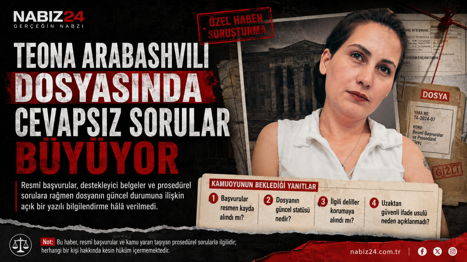 Teona Arabashvili’nin fotoğrafının yer aldığı, dosya klasörleri ve resmî belge temalı arka plan üzerinde hazırlanmış Nabız24 özel haber görseli.