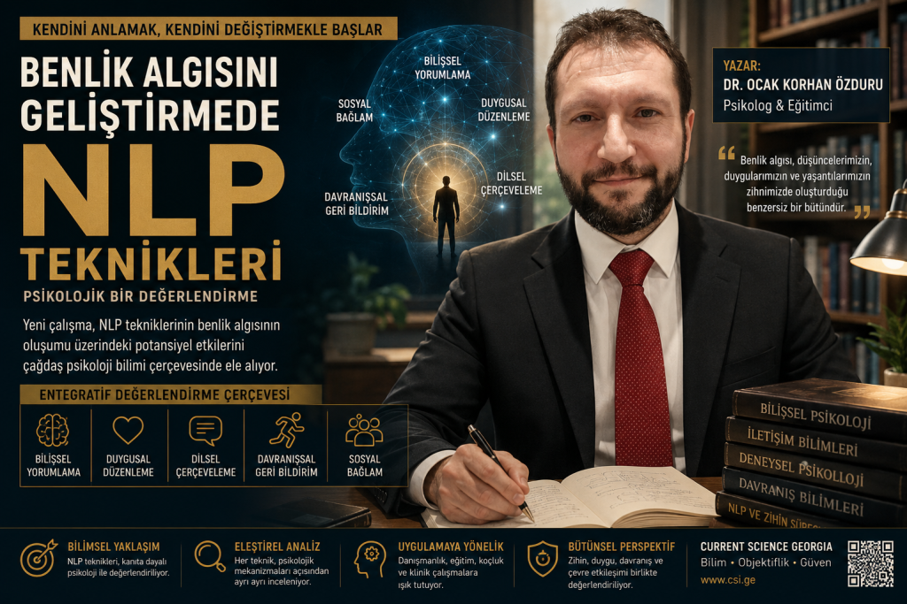 "NLP Techniques in the Development of Self-Perception: A Psychological Assessment" başlıklı bilimsel haber için hazırlanan kavramsal görsel. Görsel, benlik algısının bilişsel yeniden yapılandırma, iç konuşma, duygusal düzenleme, nörobilim ve davranışsal süreçler aracılığıyla nasıl şekillendiğini temsil etmektedir.