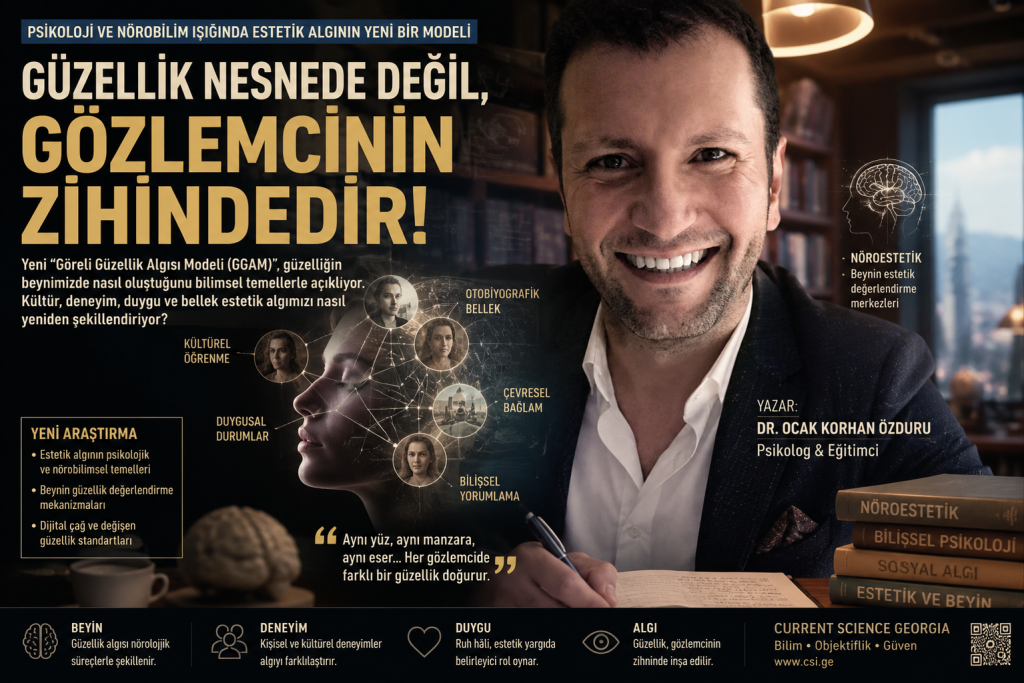 "Beauty Exists in the Observer: A Psychological Model of Relative Beauty Perception" başlıklı bilimsel haber için hazırlanan kavramsal görsel. Görsel, güzelliğin nesnel bir özellik değil; biliş, duygu, bellek, nörobilim ve insan algısının etkileşimiyle oluşan psikolojik bir deneyim olduğunu temsil etmektedir.