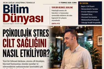 Psikodermatoloji alanında psikolojik stres ile hücresel homeostaz arasındaki biyolojik ilişkiyi ele alan yeni bilimsel derleme çalışmasını temsil eden gazete manşeti.