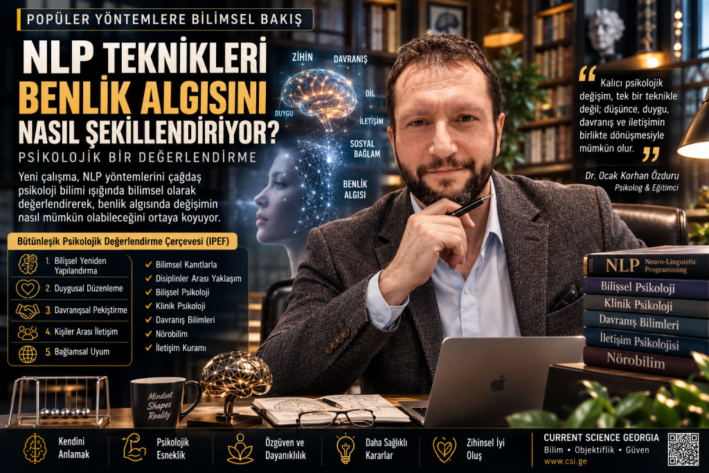 "NLP Techniques in the Development of Self-Perception: A Psychological Evaluation" başlıklı bilimsel haber için hazırlanan kavramsal görsel. Görsel, NLP ile ilişkilendirilen tekniklerin bilişsel psikoloji, duygusal düzenleme, iletişim süreçleri, davranış bilimleri ve nörobilim çerçevesinde bilimsel olarak değerlendirilmesini temsil etmektedir.