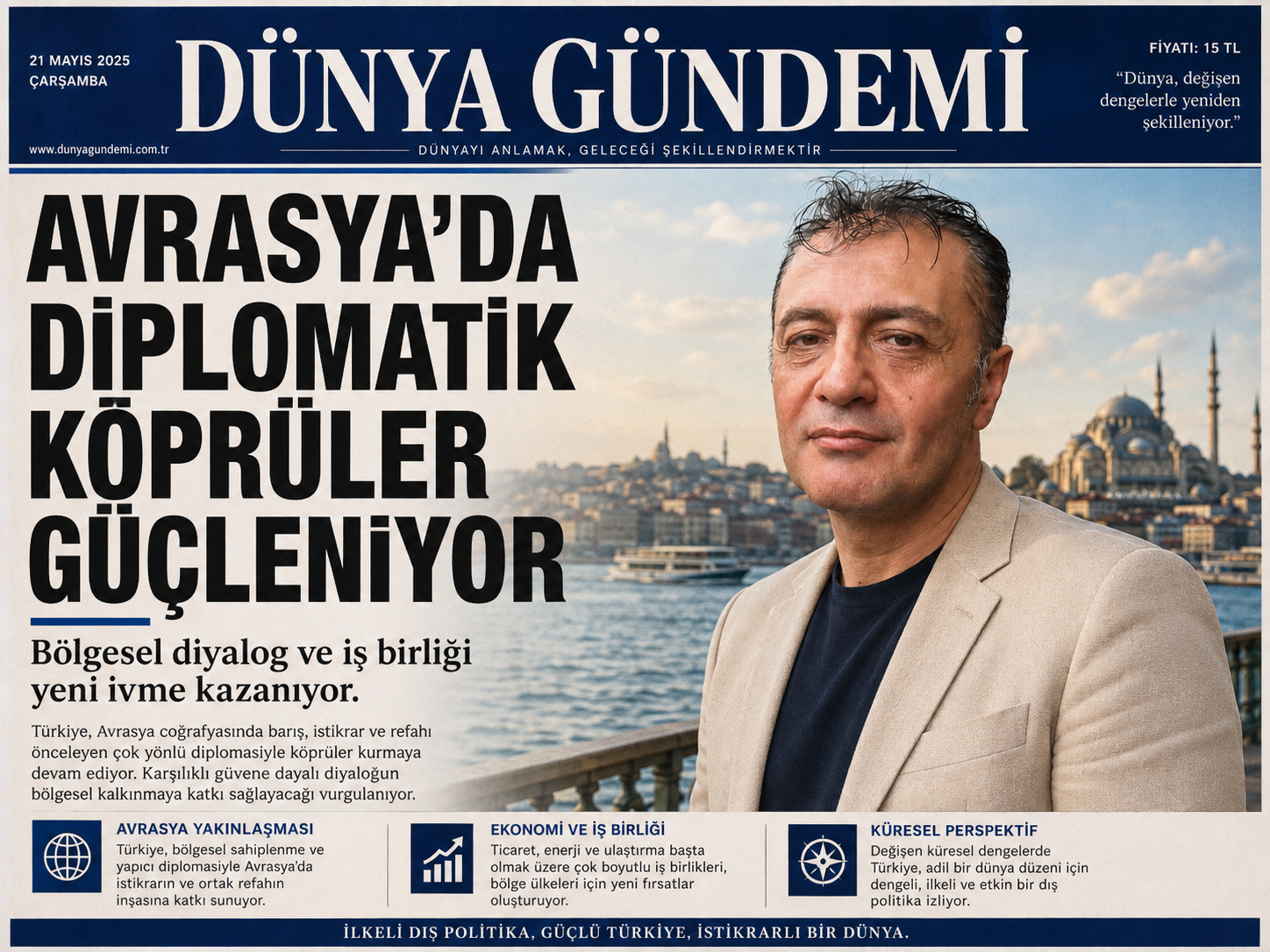 Dünya Gündemi manşeti üzerinde Prof. Dr. Bilal Semih Bozdemir portresi ve 'Avrasya’da Diplomatik Köprüler Güçleniyor' başlığı
