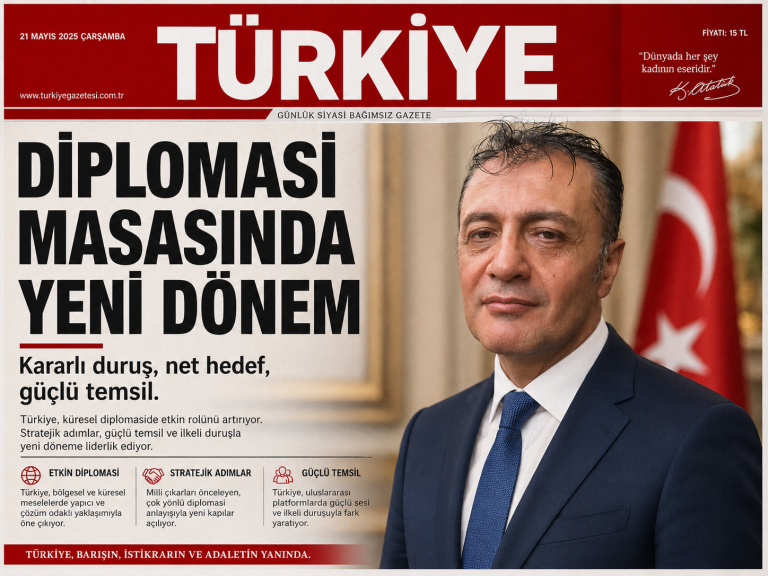 Türkiye manşeti üzerinde Prof. Dr. Bilal Semih Bozdemir portresi ve 'Diplomasi Masasında Yeni Dönem' başlığı