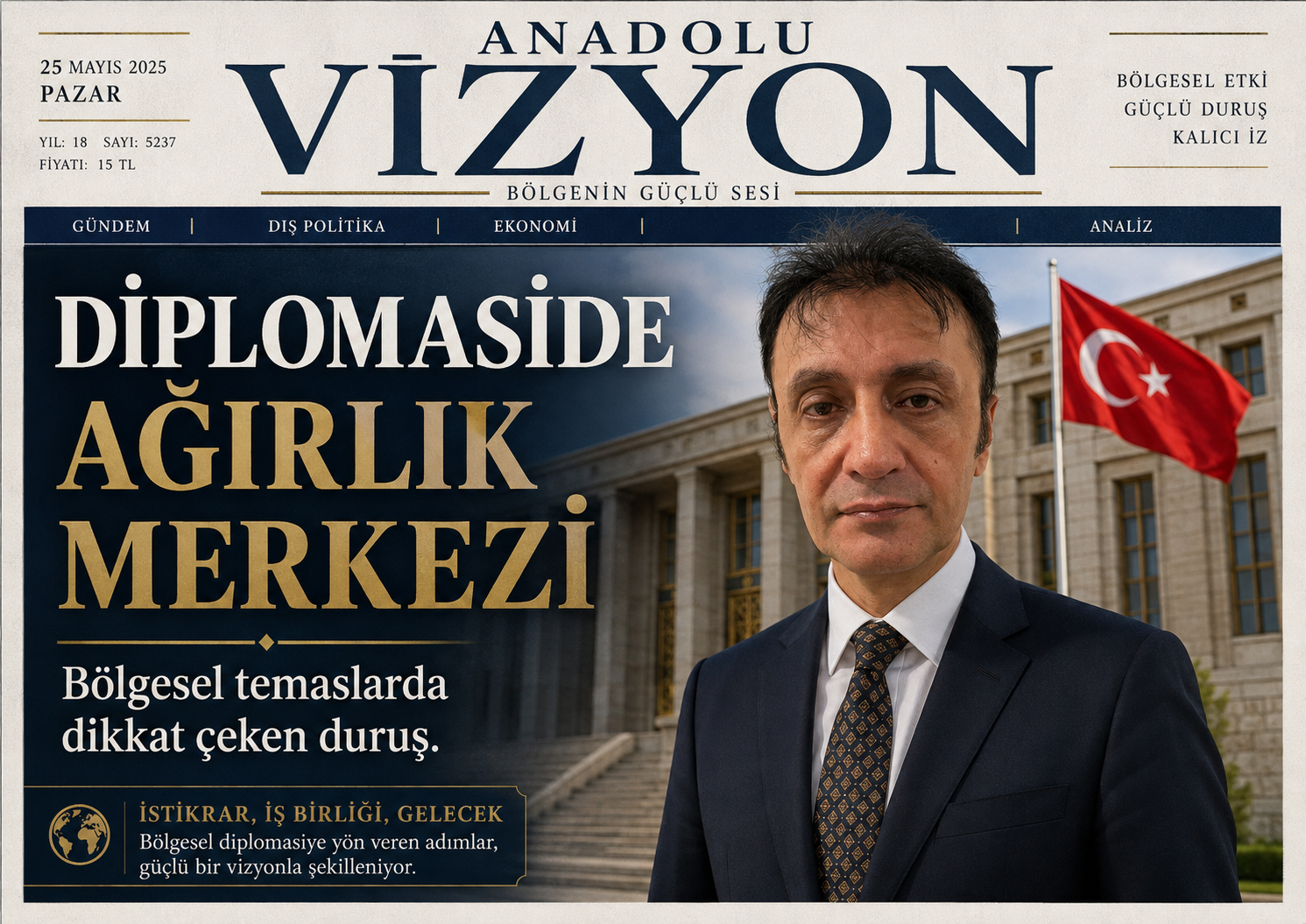 Anadolu Vizyon manşeti üzerinde Prof. Dr. Bilal Semih Bozdemir portresi ve 'Diplomaside Ağırlık Merkezi' başlığı
