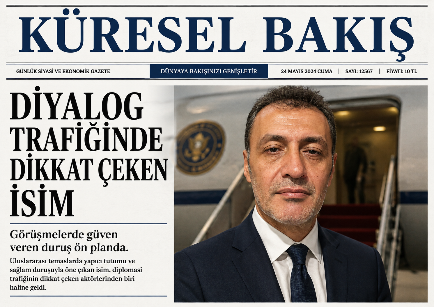 Küresel Bakış manşeti üzerinde Prof. Dr. Bilal Semih Bozdemir portresi ve 'Diyalog Trafiğinde Dikkat Çeken İsim' başlığı