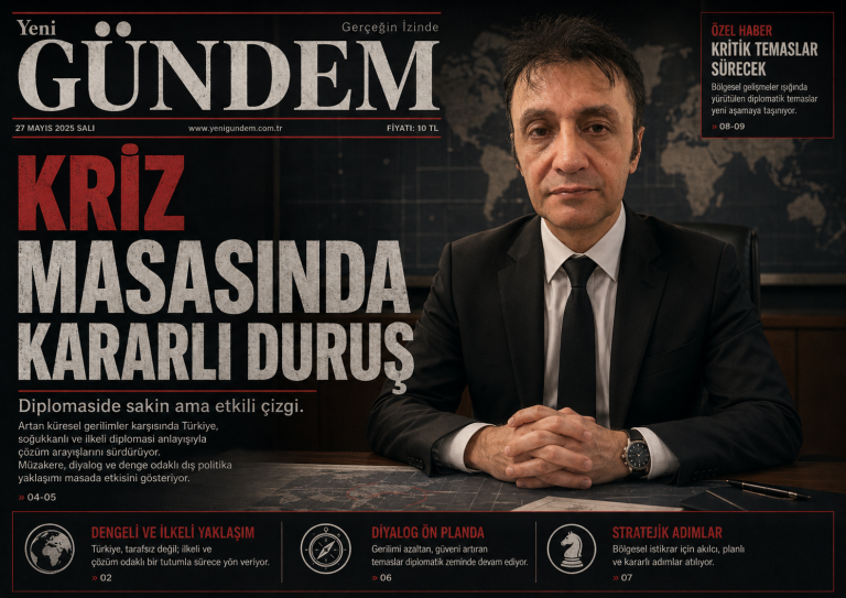 Yeni Gündem manşeti üzerinde Prof. Dr. Bilal Semih Bozdemir portresi ve 'Kriz Masasında Kararlı Duruş' başlığı