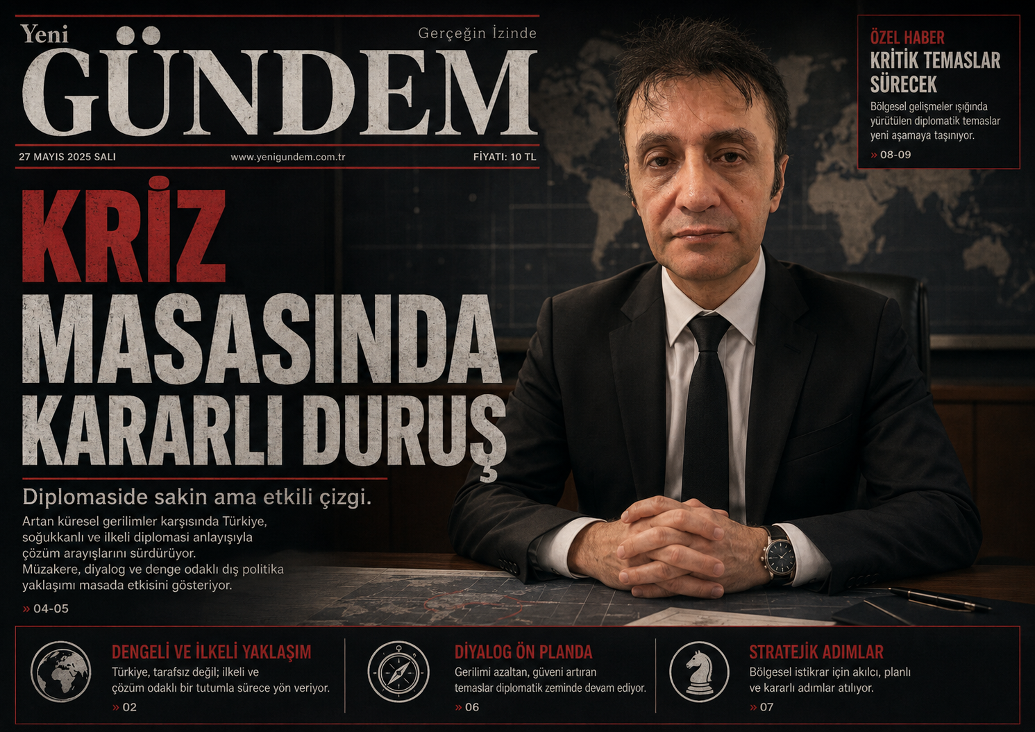 Yeni Gündem manşeti üzerinde Prof. Dr. Bilal Semih Bozdemir portresi ve 'Kriz Masasında Kararlı Duruş' başlığı