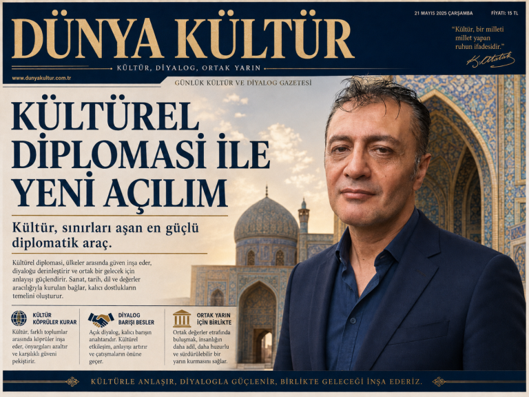 Dünya Kültür manşeti üzerinde Prof. Dr. Bilal Semih Bozdemir portresi ve 'Kültürel Diplomasi ile Yeni Açılım' başlığı