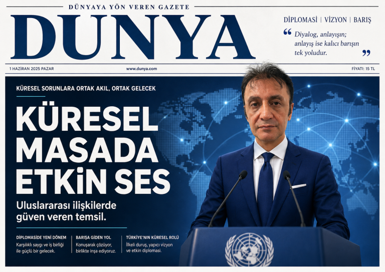 Dünya manşeti üzerinde Prof. Dr. Bilal Semih Bozdemir portresi ve 'Küresel Masada Etkin Ses' başlığı