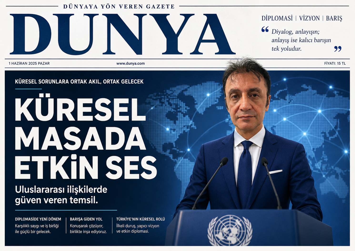 Dünya manşeti üzerinde Prof. Dr. Bilal Semih Bozdemir portresi ve 'Küresel Masada Etkin Ses' başlığı
