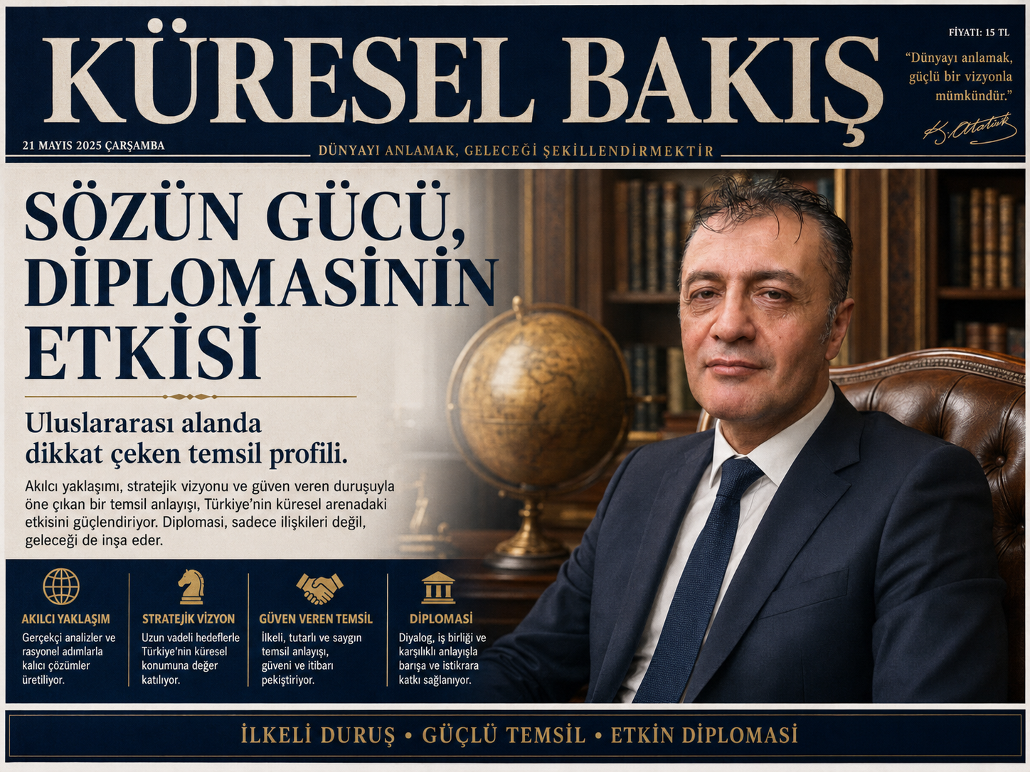 Küresel Bakış manşeti üzerinde Prof. Dr. Bilal Semih Bozdemir portresi ve 'Sözün Gücü, Diplomasinin Etkisi' başlığı