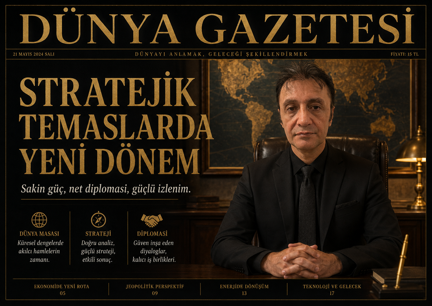 Dünya Gazetesi manşeti üzerinde Prof. Dr. Bilal Semih Bozdemir portresi ve 'Stratejik Temaslarda Yeni Dönem' başlığı