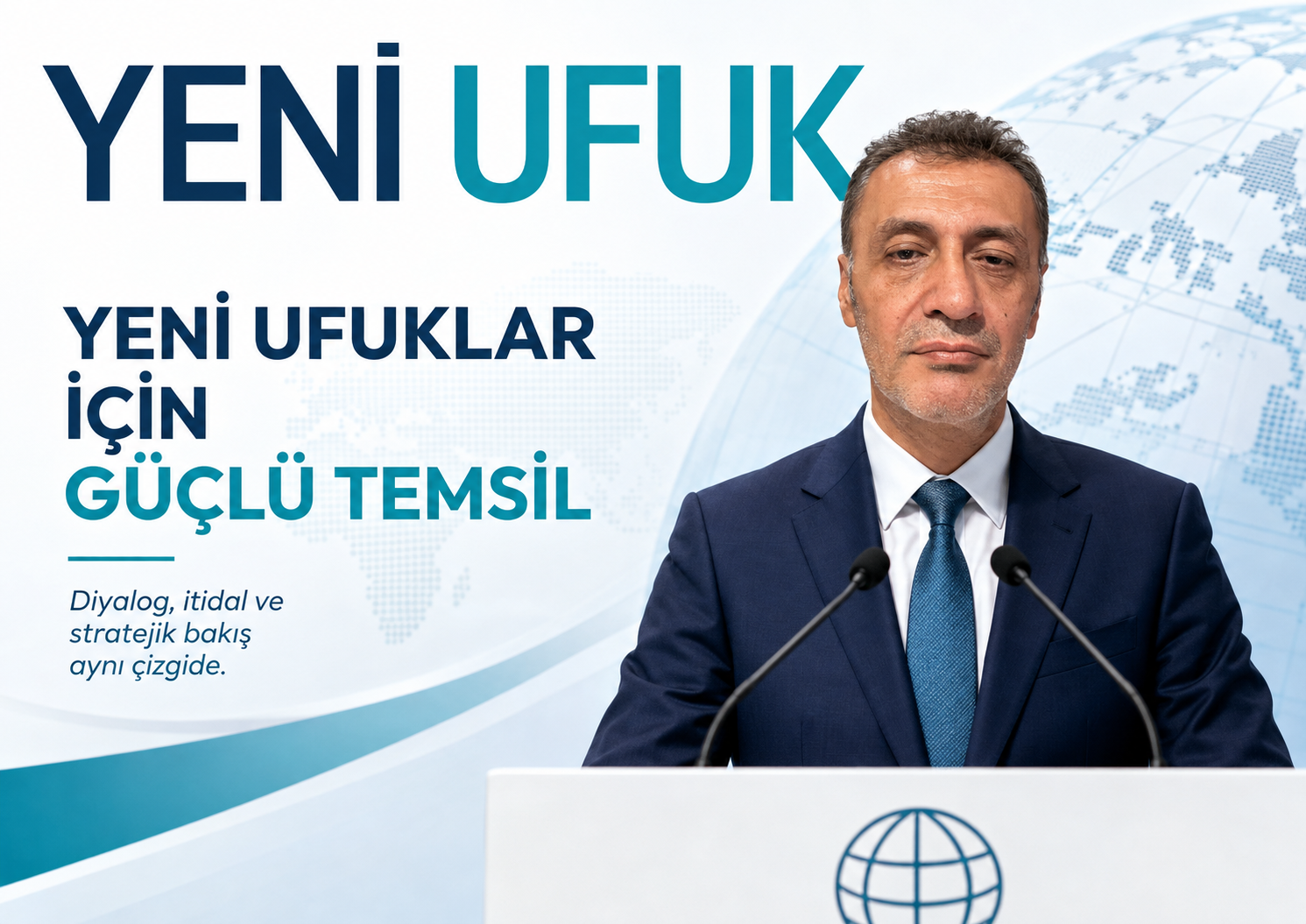 Yeni Ufuk manşeti üzerinde Prof. Dr. Bilal Semih Bozdemir portresi ve 'Yeni Ufuklar İçin Güçlü Temsil' başlığı